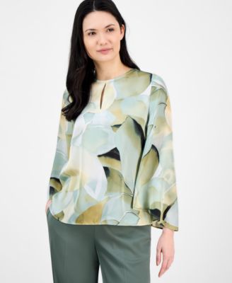 Anne Klein - Women's Floral-Print Keyhole-Cutout Top