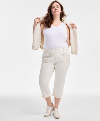 Style & Co - Plus Size Embroidered Mid-Rise Curvy-Fit Cuffed Capri Jeans