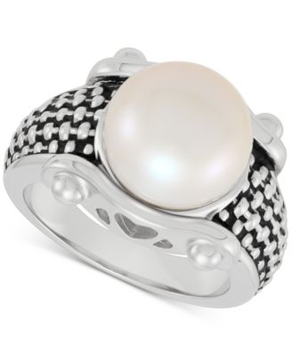 Macy's - Cultured Freshwater Button Pearl (11-1/2mm) Basket Weave Statement Ring in Sterling Silver