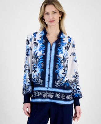 T Tahari - Women's Printed Blouson-Sleeve Blouse