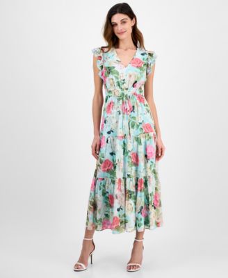 Anne Klein - Women's V-Neck Ruffle-Trim Drawstring Midi Dress