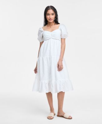 Kingston Grey - Juniors' Eyelet Puff-Sleeve Tiered Midi Dress