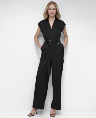 DKNY - Women's Cap-Sleeve Belted Cargo Jumpsuit