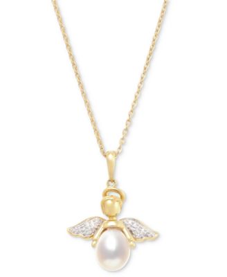 Macy's - Cultured Freshwater Pearl (7 - 7-1/2mm) & Cubic Zirconia Angel 18" Pendant Necklace set in 14k Two-Tone Gold-Plated Sterling Silver