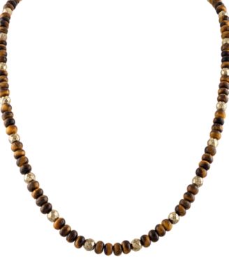 Bulova - Men's Marine Star Tiger's Eye Beaded 22" Necklace in 14k Gold-Plated Sterling Silver