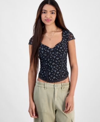 Hippie Rose - Juniors' Corset Short-Sleeve Mesh Top