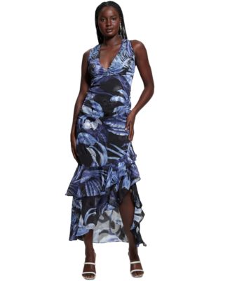GUESS - Women's Ava Printed Mesh Ruffled Maxi Dress
