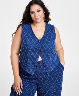 Nina Parker - Plus Size Diamond-Texture Denim Vest