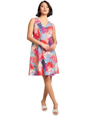 Jones New York - Petite Printed Linen-Blend Trapeze Dress