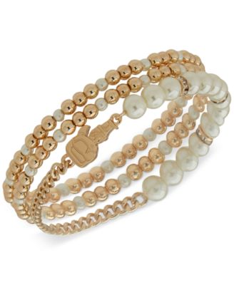KARL LAGERFELD PARIS - Gold-Tone 3-Pc. Set Imitation Pearl Beaded Stretch Bracelets