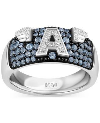 Wonder Fine Jewelry - Swiss Blue Topaz (3/4 ct. t.w.) & Diamond (1/10 ct. t.w.) Captain America Ring in Sterling Silver