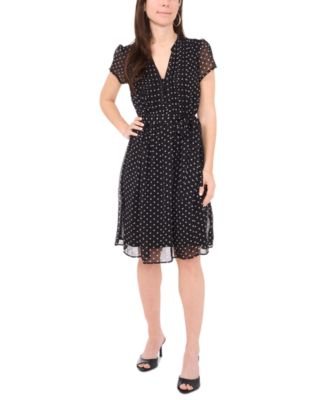MSK - Petite Dot-Print Split-Neck Short-Sleeve Dress