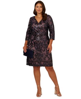 Adrianna Papell - Plus Size Beaded V-Neck 3/4-Sleeve Sheath Dress