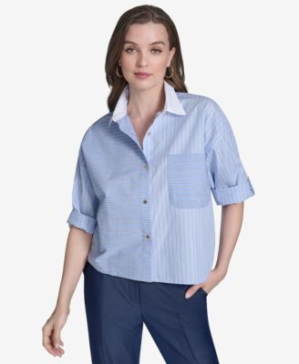 Halston - Women's Striped Cotton Roll-Tab-Sleeve Button-Front Shirt