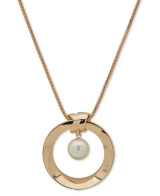 Anne Klein - Gold-Tone Imitation Pearl Orbital Circle Long Pendant Necklace, 32" + 2" extender