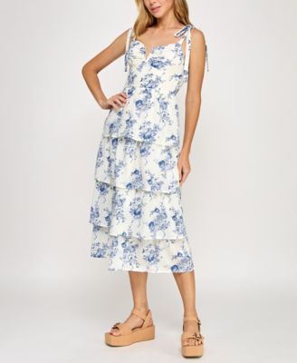Crystal Doll - Juniors' Floral Print Tie-Shoulder Tiered Dress