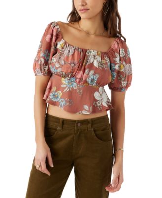 O'Neill - Juniors' Autumn Floral-Print Cropped Puffed-Sleeve Top