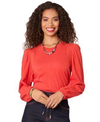 Democracy - Petite Crewneck Crochet Long-Sleeve Top
