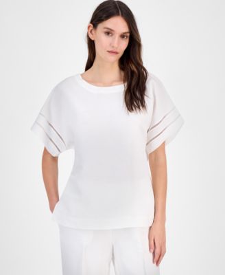 Anne Klein - Petite Dropped-Shoulder Ladder-Trim Top