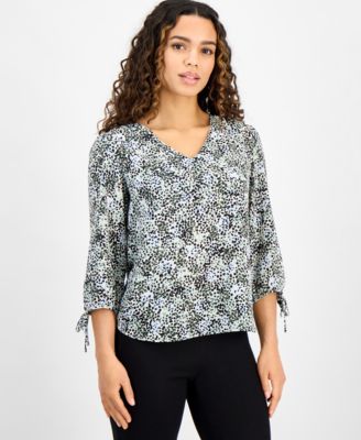 AK Anne Klein - Petite Printed V-Neck Tie-Sleeve Top