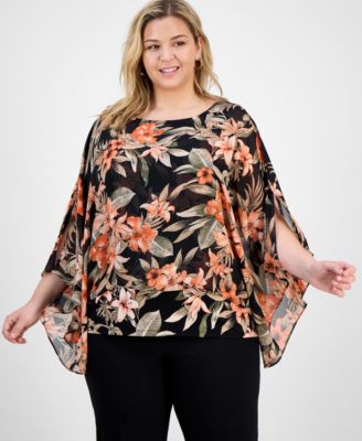 Kasper - Plus Size Floral 3/4-Sleeve Poncho Top