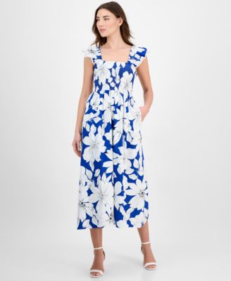 Anne Klein - Women's Smocked Ruffled-Strap Midi Dress