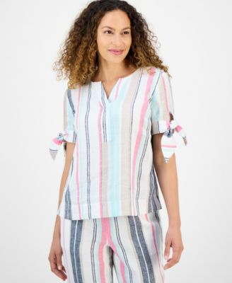 Charter Club - Petite Linen Striped Tie-Cuff Short-Sleeve Top