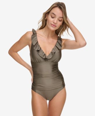 DKNY - Women's Ruffle Neck One-Piece Swimsuit