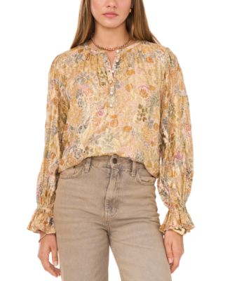1.STATE - Women's Printed Button-Front Long Sleeve Blouse