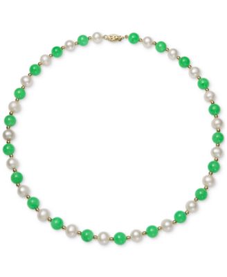 Macy's - Dyed Green Jade & Freshwater Pearl (7-1/2mm) 18" Collar Necklace in 14k Gold