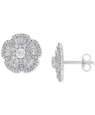 Macy's - Diamond Baguette & Round Flower Stud Earrings (1 ct. t.w.) in 14k White Gold