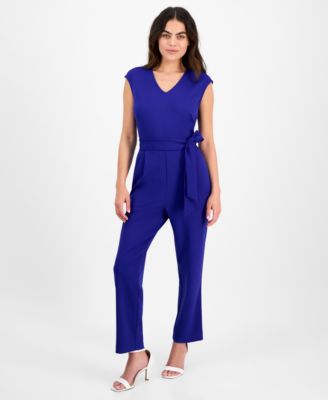 AK Anne Klein - Petite V-Neck Belted Crepe Jumpsuit