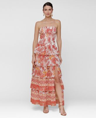 Avec Les Filles - Women's Printed Smocked-Bodice Ruffle-Tiered Maxi Dress