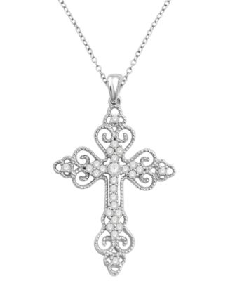 Macy's - Diamond Filigree Cross 18" Pendant Necklace (1/6 ct. t.w.) in Sterling Silver