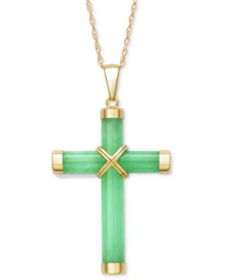 Macy's - Dyed Green Jade Polished X Accent Cross 18" Pendant Necklace in 10k Gold