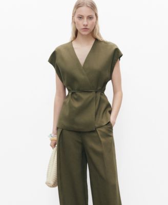 MANGO - Women's Linen-Blend Wrap Top