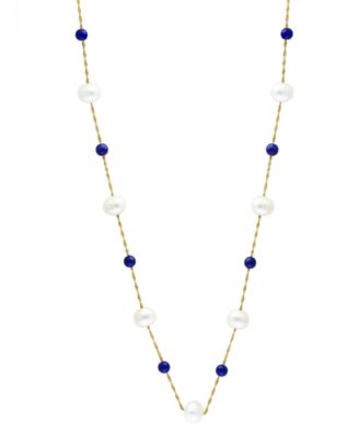 EFFY Collection - Freshwater Pearl (6-1/2mm) & Lapis Lazuli 18" Collar Necklace in 14k Gold
