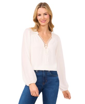 CeCe - Women's Circular-Trim Pin-Tuck Long-Sleeve Blouse