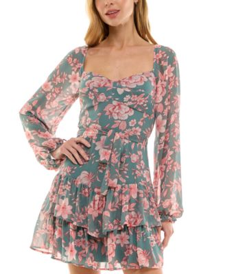 Crystal Doll - Juniors' Sweetheart-Neck Long-Sleeve Chiffon Dress