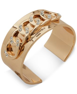 KARL LAGERFELD PARIS - Gold-Tone Pav&eacute; Curb Chain Logo Cuff Bracelet