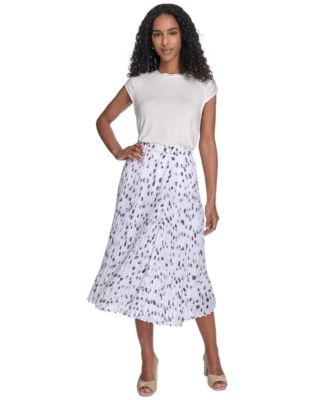Calvin Klein - Petite Dot-Print Pleated Midi Skirt