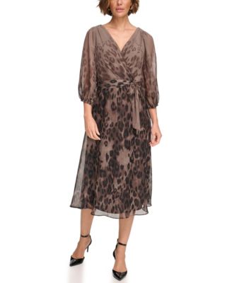 DKNY - Petites Chiffon Printed Surplice Balloon-Sleeve Dress