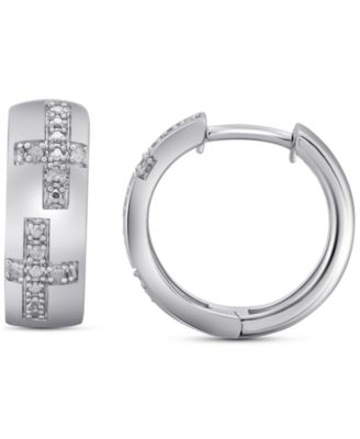 Macy's - Men's Diamond Cross Small Huggie Hoop Earrings (1/20 ct. t.w.) in Sterling Silver, 0.63"