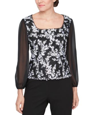 Alex Evenings - Petite Sheer-3/4-Sleeve Embroidered Stretch Tulle Top