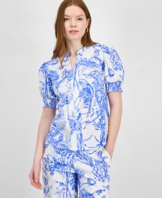 T Tahari - Women's Printed Split-Neck Puff-Sleeve Top