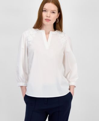 T Tahari - Women's Lace-Trim Split-Neck 3/4-Sleeve Top