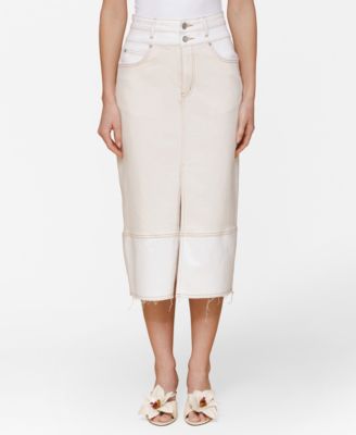 Avec Les Filles - Women's Raw Hem Denim Midi Skirt