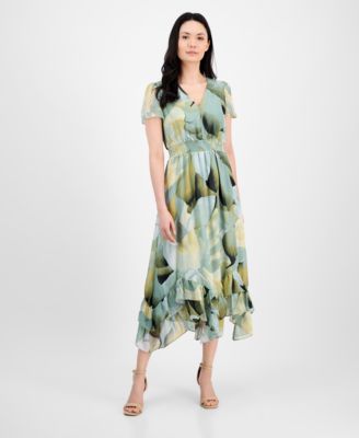 Anne Klein - Women's Floral-Print Smocked-Waist Tulip-Sleeve Dress