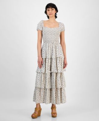 And Now This - Petite Printed Smocked Tiered-Ruffle-Trim Dress