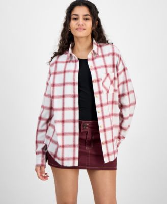 Just Polly - Juniors' Girlfriend Frayed-Hem Plaid Top